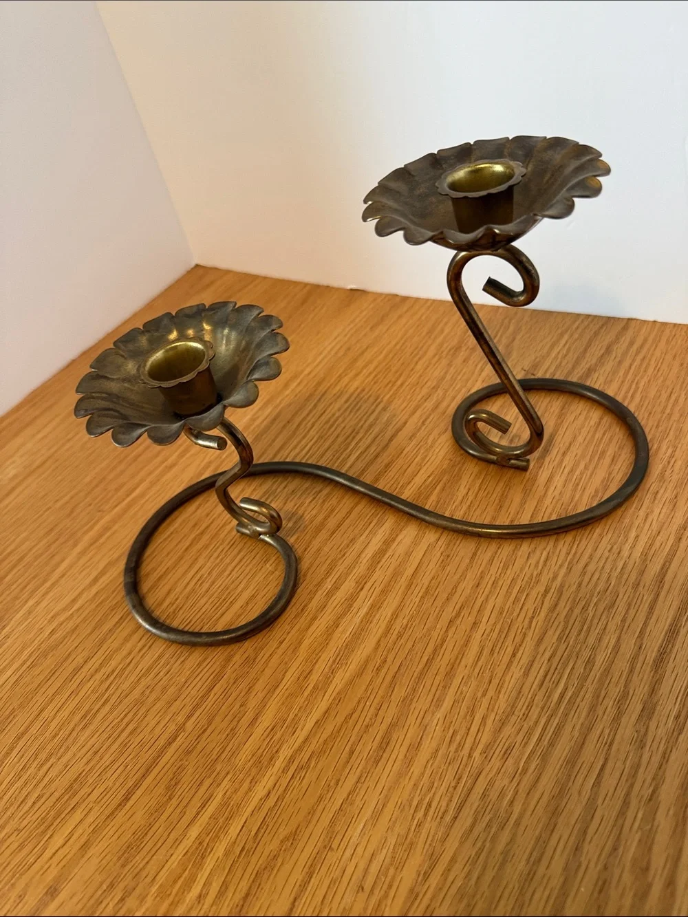 Brass-Tone Double Flower Candle Holder - Antique Brass Finish
